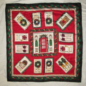 Vintage 80-90s Talbots Door Christmas Wreath RED DOOR Silk Scarf 34" x 35"
